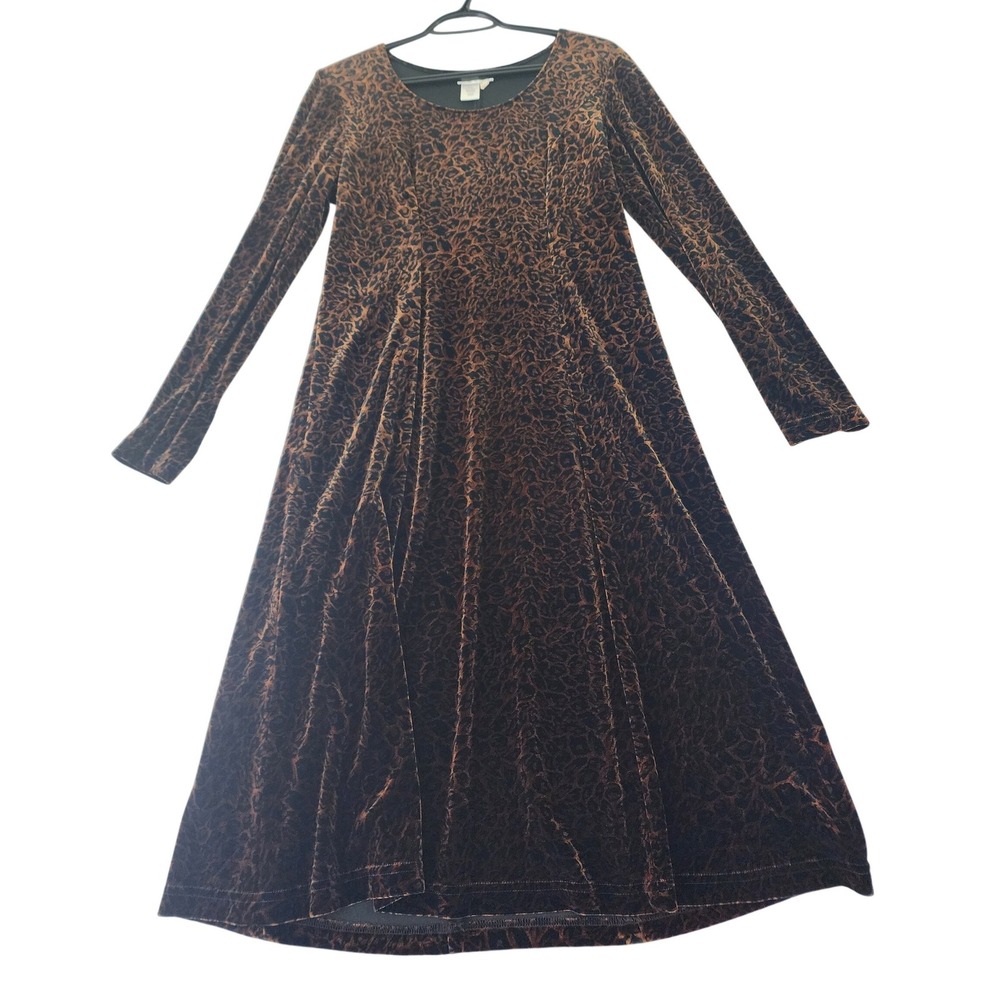 Coldwater Creek Leopard Print Velvet Maxi Dress Brown Black Long Sleeve Size 6